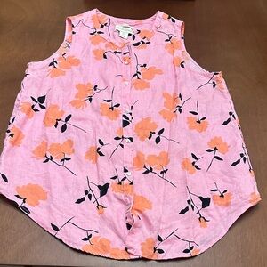Cynthia Rowley Pink & Orange Floral 100% Linen Button Down Sleeveless Shirt